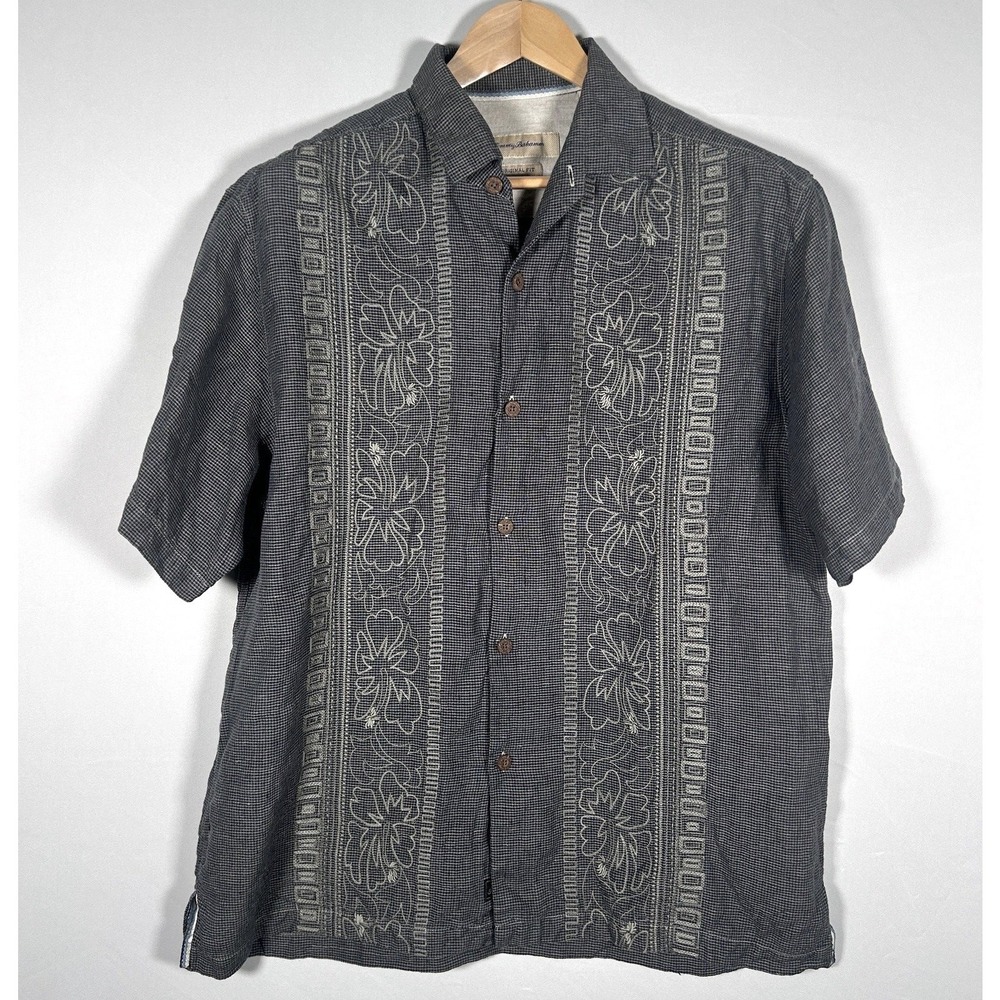 Tommy Bahama 100% Linen Camp Shirt Mens Large Embroidered Floral Coastal Gray